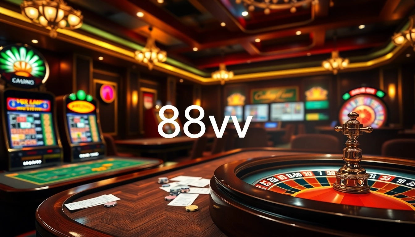 Experience high-stakes excitement at 88vv with a vibrant online casino setting featuring poker tables, slot machines, and roulette.