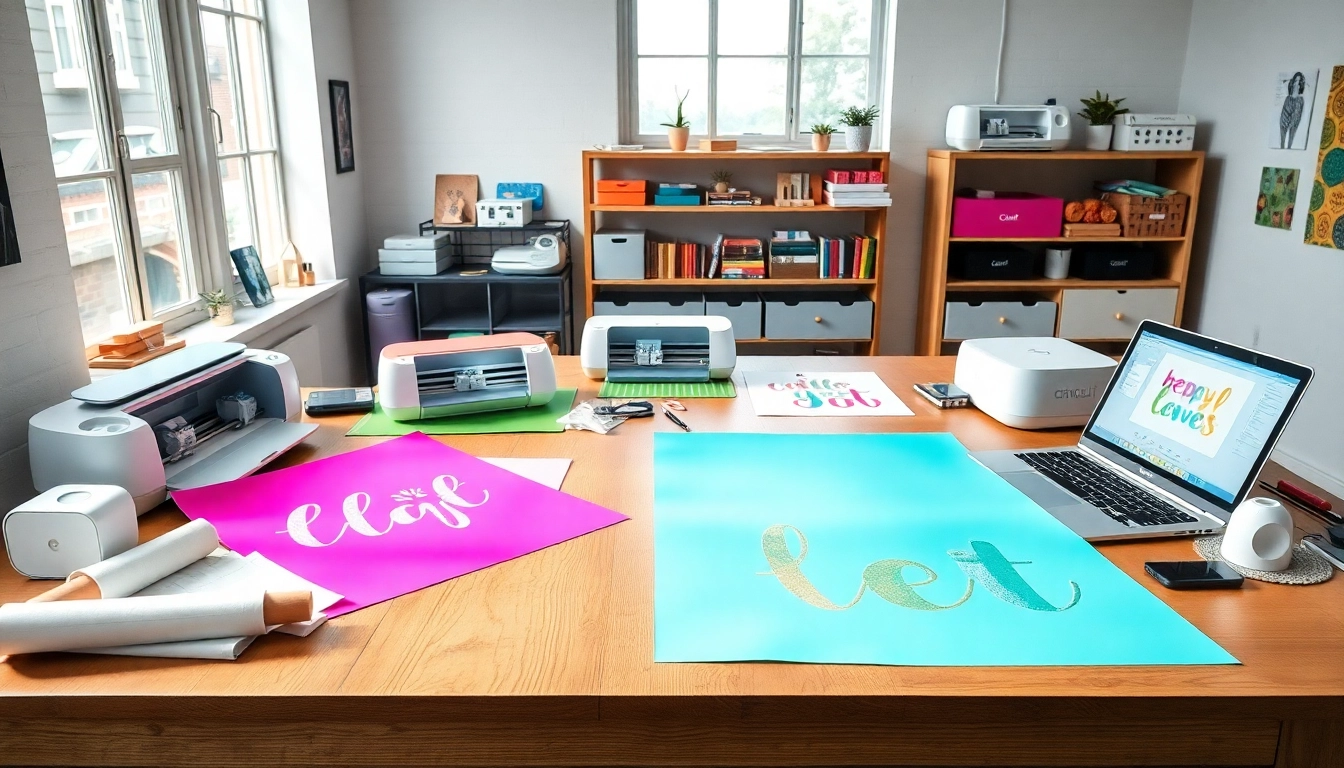 Cricut SVG designs being crafted in a bright, creative workspace with crafting tools and colorful vinyl.