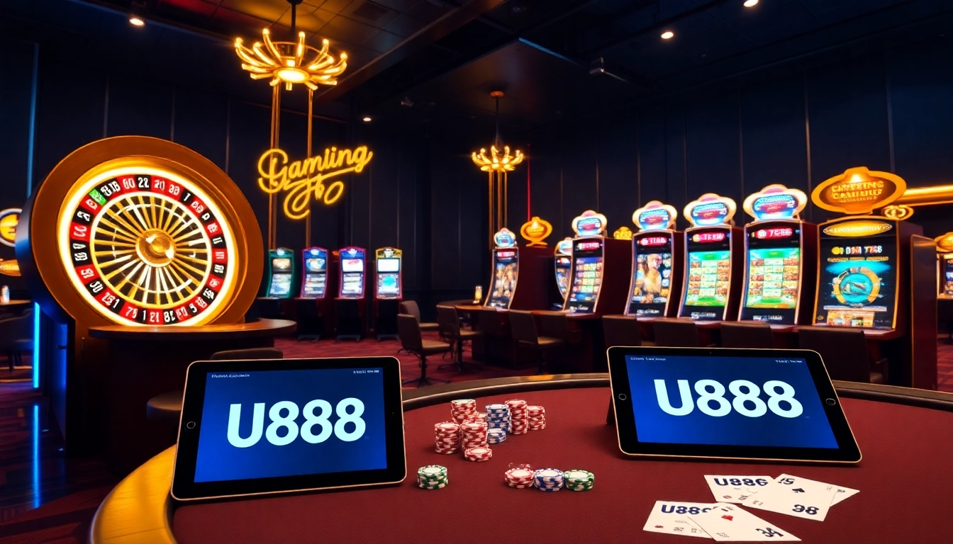 Exciting U888 online casino scene featuring poker chips, cards, and slots in a luxurious setting.