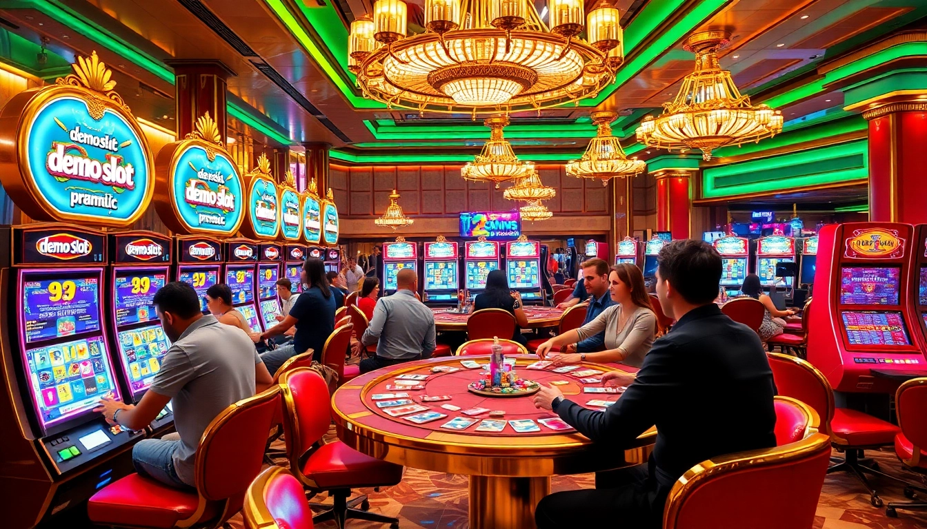 Engaged players enjoying demo slot pragmatic games in a vibrant casino setting.