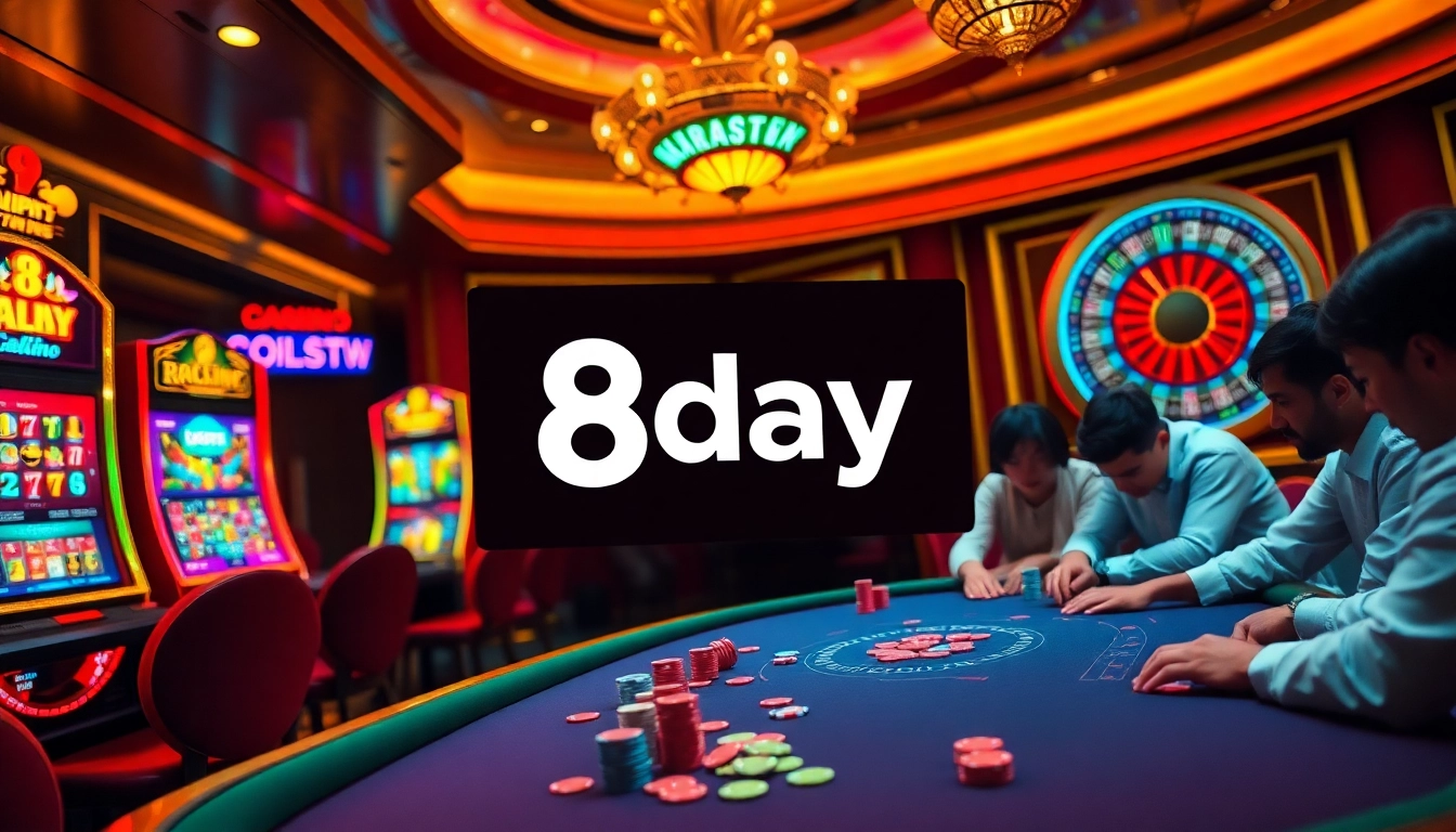 Engaged players enjoying poker at the glamorous 8day casino table filled with vibrant chips.