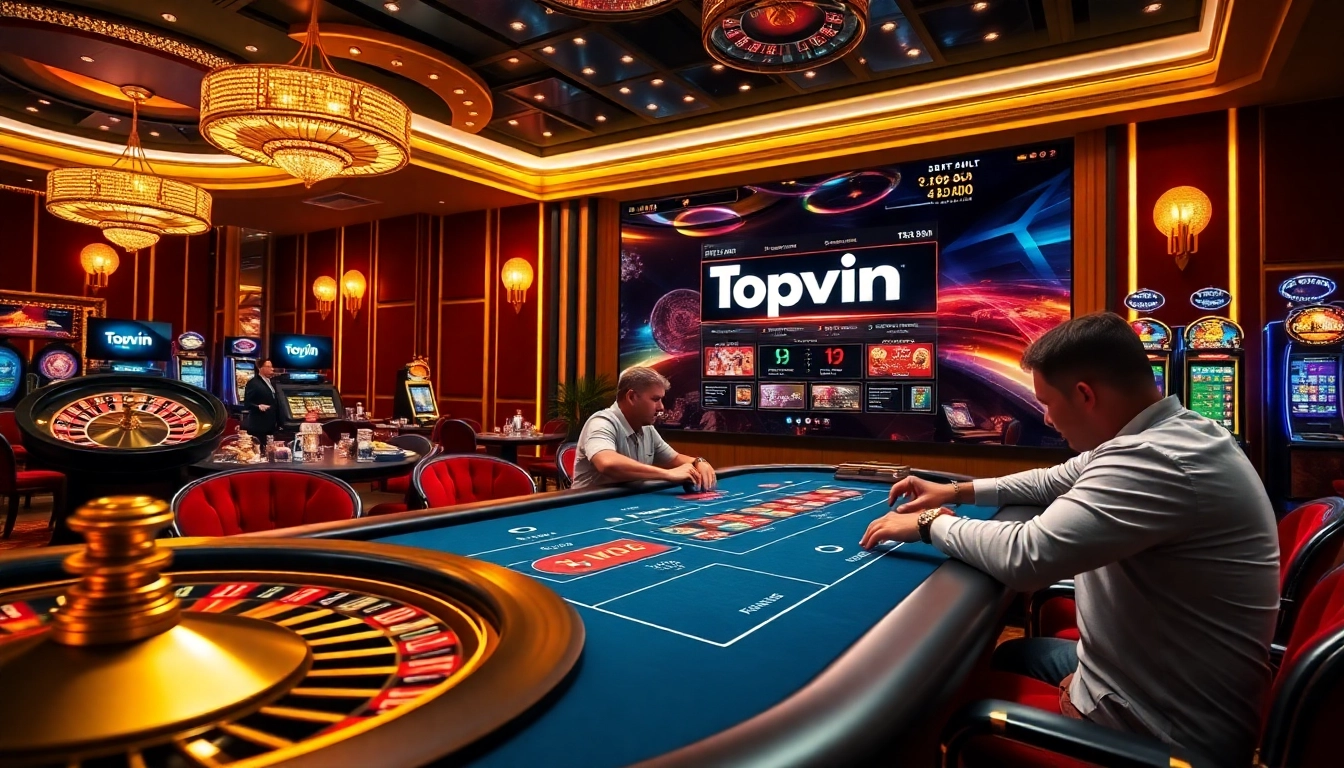 Engage in thrilling poker games with Topvin at a luxury casino table surrounded by vibrant decor.